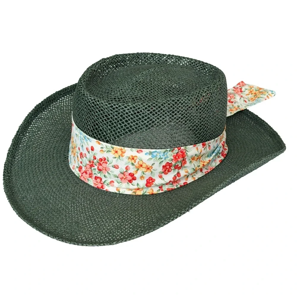 Vintage Straw Mesh Golf Hat Dark Green Floral Band One Size Whimsy Cottagecore